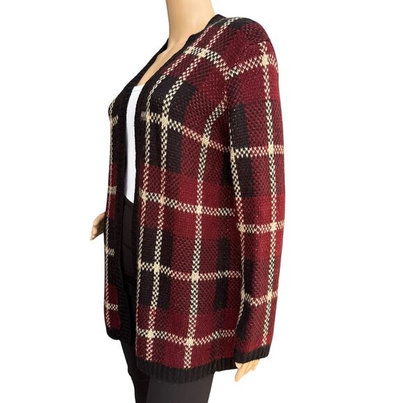 Forever 21 L Plaid Cardigan Open Front Long Sweater Red Black Cream Grunge - Picture 2 of 5